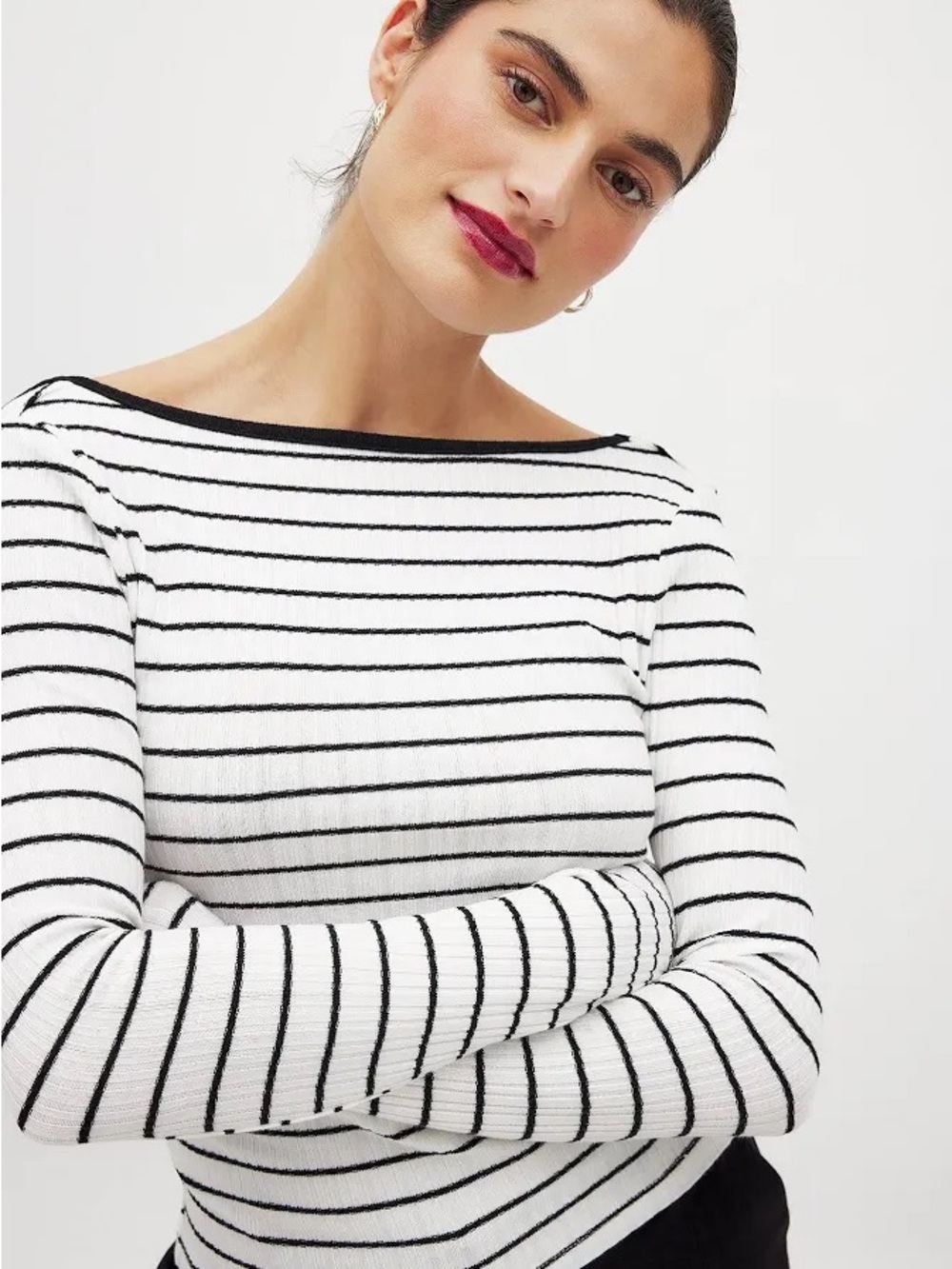 Striped Rib-Knit Long Sleeve Top - White/Black